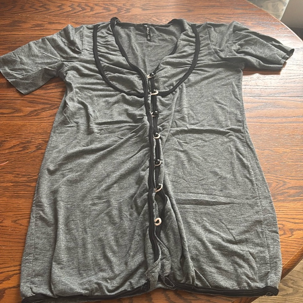 Long grey tunic top with black piping
